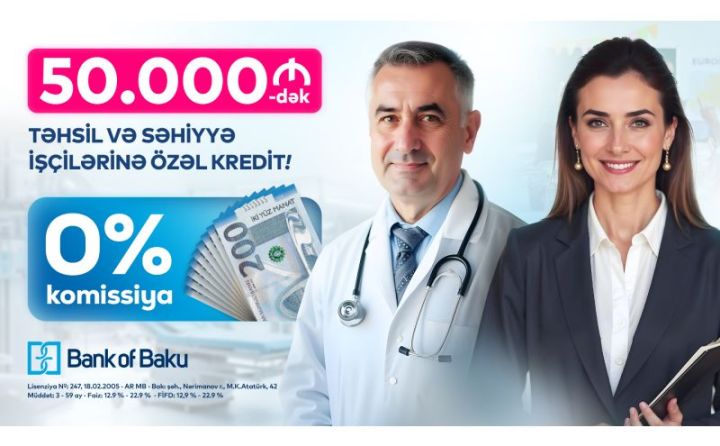 Bank of Baku-dan TƏHSİL və SƏHİYYƏ işçilərinə özəl 50.000 AZN-dək KOMİSSİYASIZ kredit