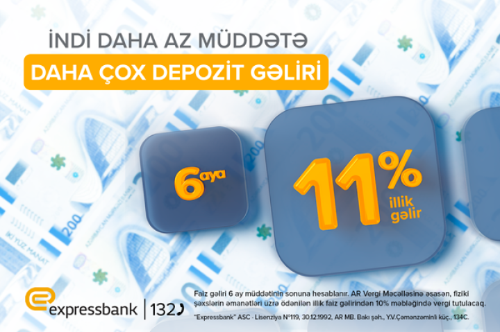 6 aylıq depozitə illik 11% gəlir – “Expressbank”da